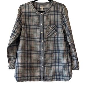 J. Jill Womens Large Blue Plaid Cotton Gauze Button Front Tunic Shirt L Long Slv